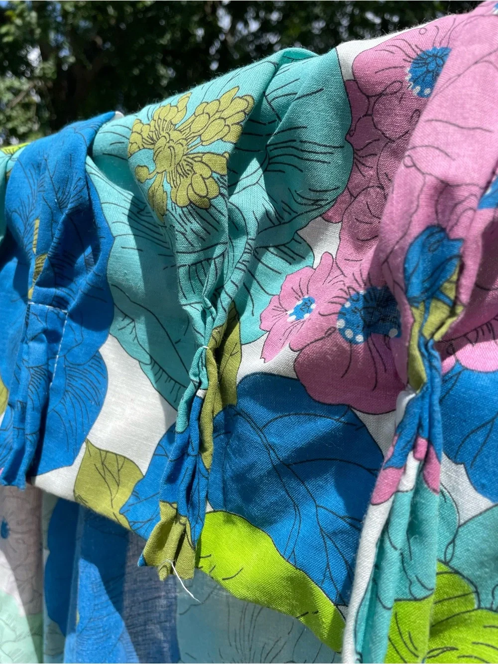 Pair Penney’s Penn Prest 70s Floral Window Curtains Panel in Blue, Green & Pink